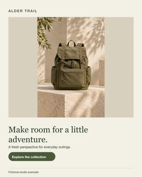Fictional Alder Trail portrait artwork: olive backpack on a stone plinth in warm light