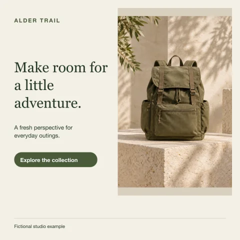 Fictional Alder Trail square artwork: olive backpack on a stone plinth in warm light