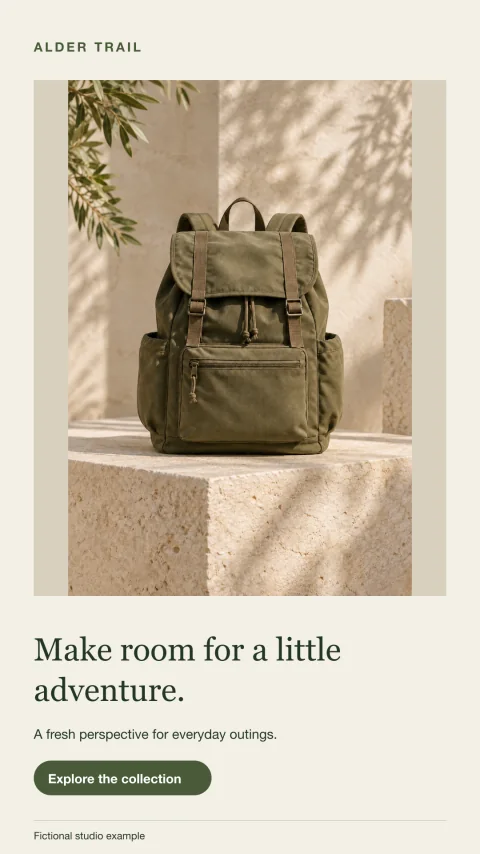 Fictional Alder Trail story artwork: olive backpack on a stone plinth in warm light