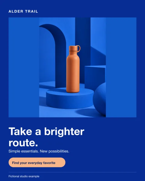 Fictional Alder Trail portrait artwork: orange bottle against blue geometric forms