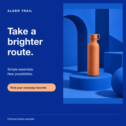 Fictional Alder Trail square artwork: orange bottle against blue geometric forms