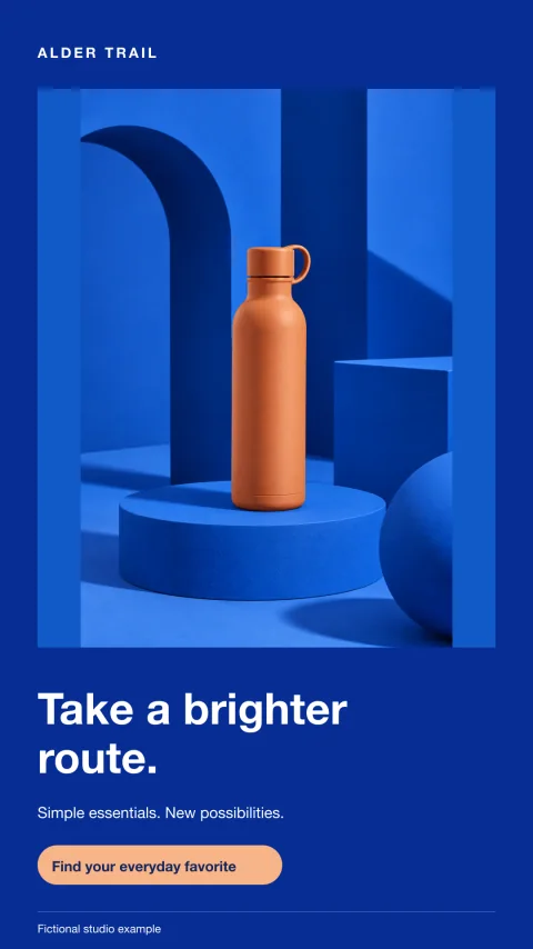Fictional Alder Trail story artwork: orange bottle against blue geometric forms