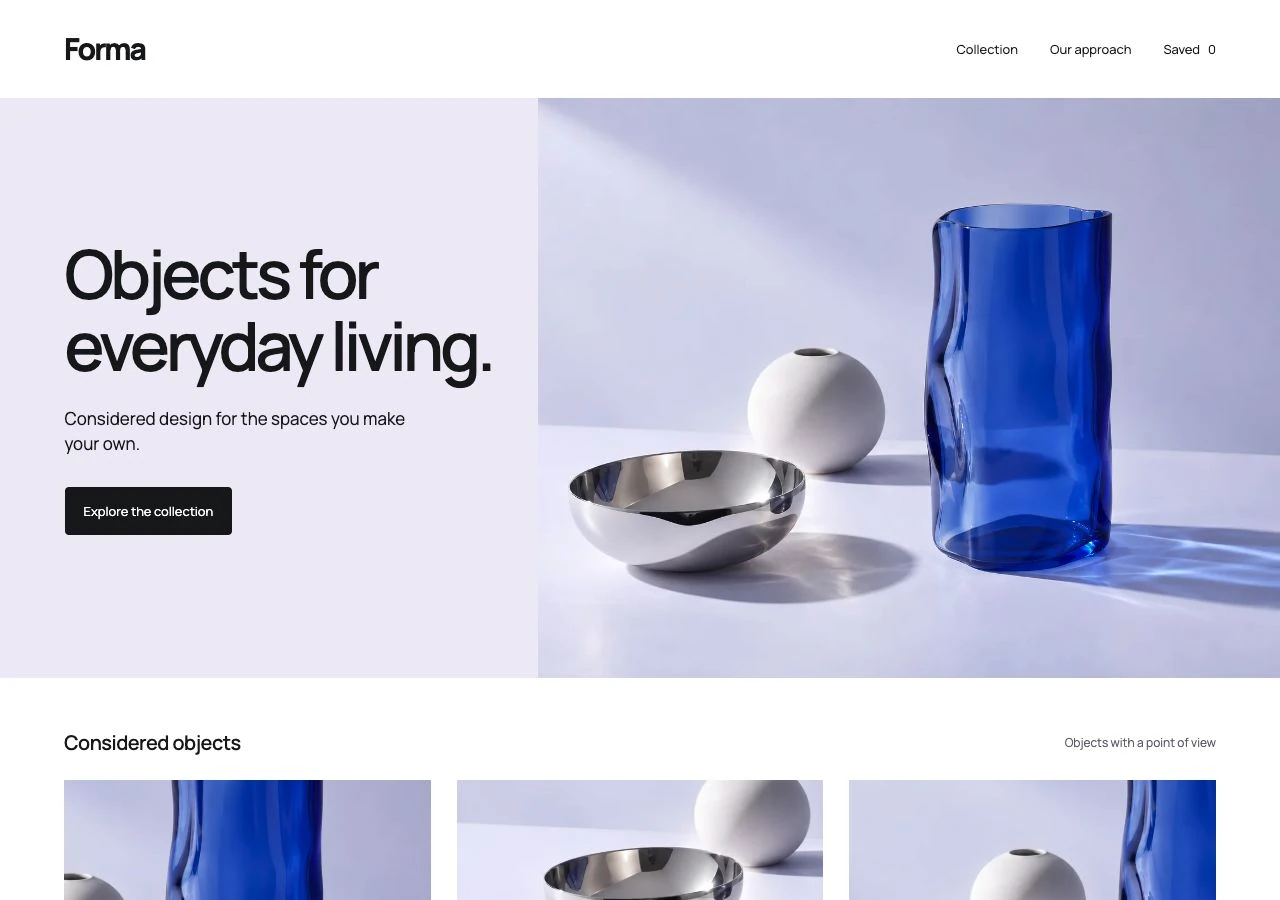Forma studio example: an objects website with large product photography and a clear collection path
